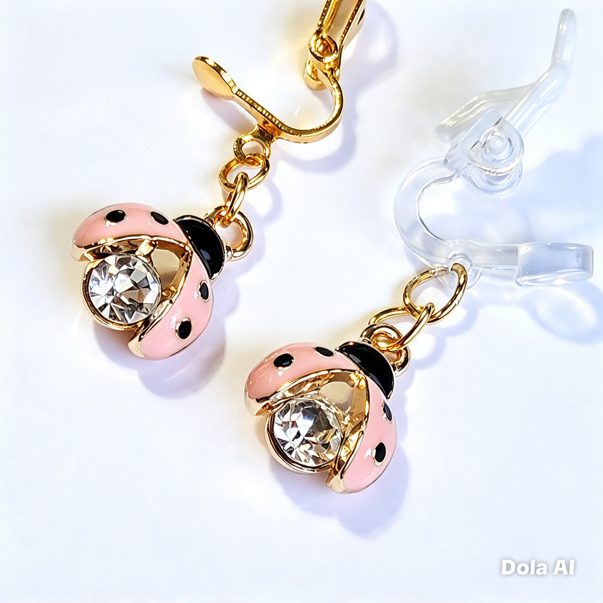 Hypoallergenic pink rhinestone ladybug dangle Clip-On Earrings