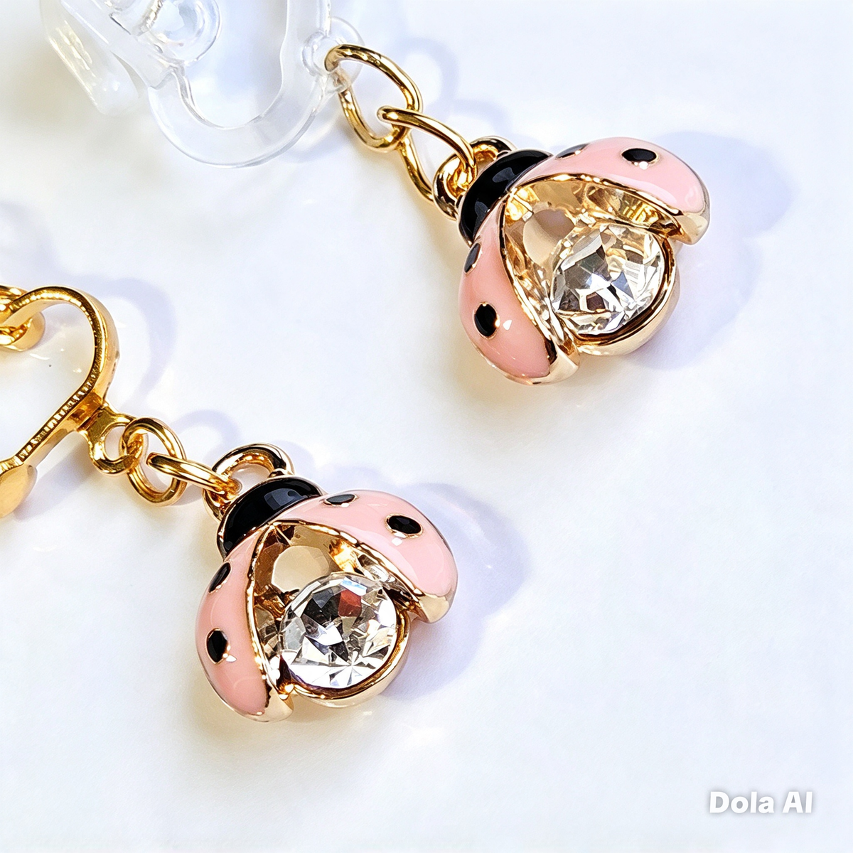 Hypoallergenic pink rhinestone ladybug dangle Clip-On Earrings