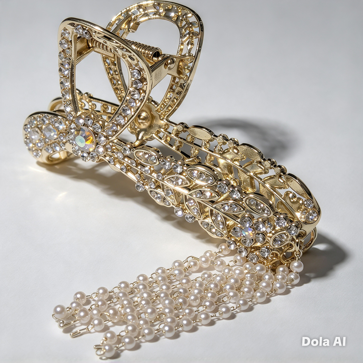 Gold Crystal Bow Claw Clip with Pearl Tassels - Bridal Wedding Hair Accessory