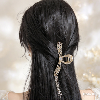Gold Crystal Bow Claw Clip with Pearl Tassels - Bridal Wedding Hair Accessory