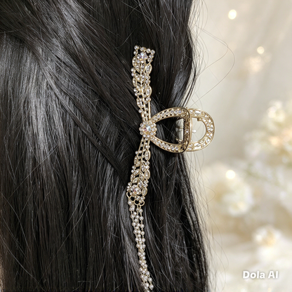 Gold Crystal Bow Claw Clip with Pearl Tassels - Bridal Wedding Hair Accessory