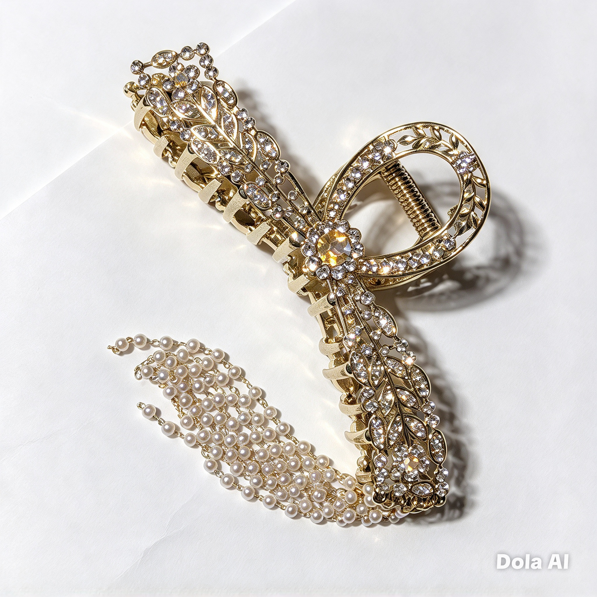 Gold Crystal Bow Claw Clip with Pearl Tassels - Bridal Wedding Hair Accessory