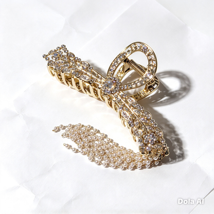 Gold Crystal Bow Claw Clip with Pearl Tassels - Bridal Wedding Hair Accessory