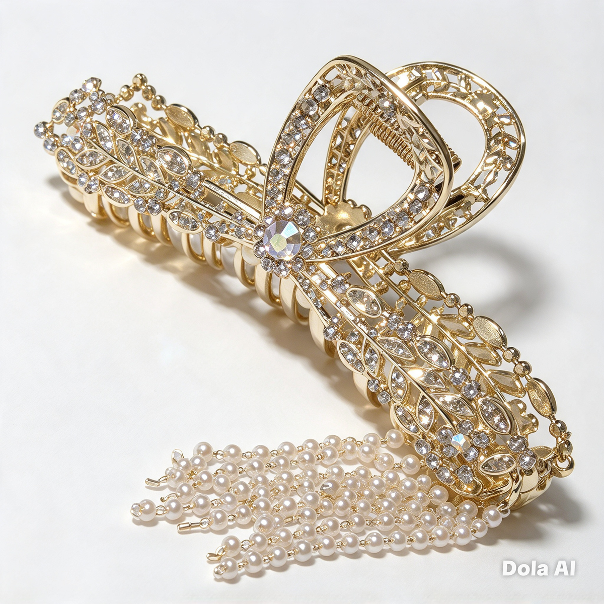 Gold Crystal Bow Claw Clip with Pearl Tassels - Bridal Wedding Hair Accessory