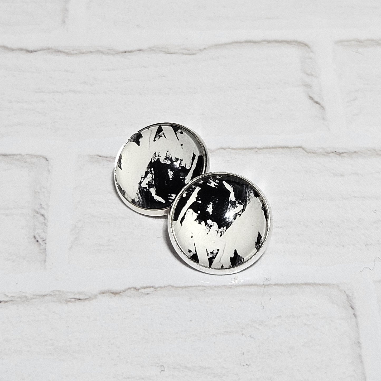 Silver Clip On Earrings: Retro Black & White Non Pierced Studs, Handmade Cabochon Non Piercing Jewellery