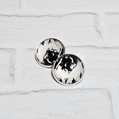 Silver Clip On Earrings: Retro Black & White Non Pierced Studs, Handmade Cabochon Non Piercing Jewellery