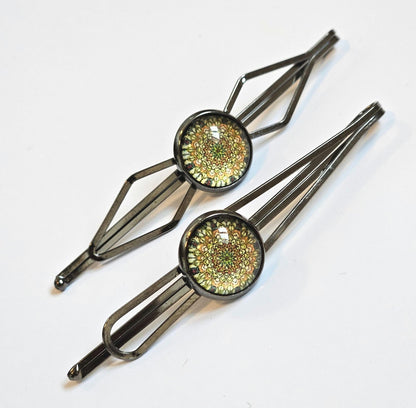 Black Bobby Pins Set of 2, Handmade Boho Mandala Cabochon Hair Clips, Statement Hair Accessories