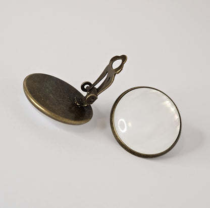 White Round Clip On Earrings: Bronze Tone, Non Piercing