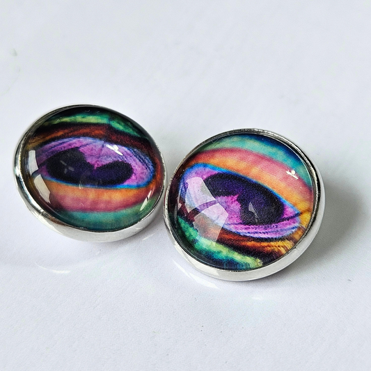 Peacock Feather Clip-On Stud Earrings | Close-Up Detail | Hypoallergenic