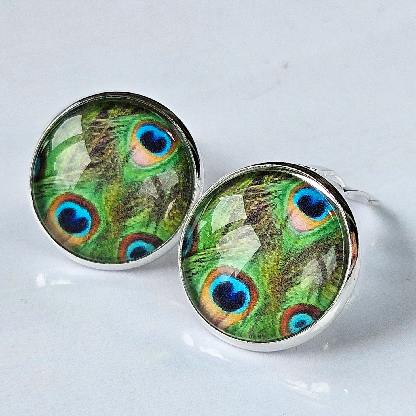 Peacock Feather Clip-On Stud Earrings | Glass Cabochon | Hypoallergenic