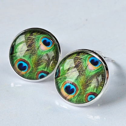 Peacock Feather Clip-On Stud Earrings | Glass Cabochon | Hypoallergenic