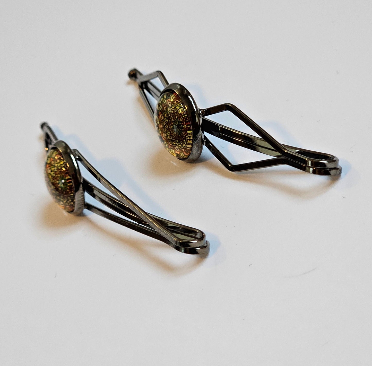 Black Bobby Pins Set of 2, Handmade Boho Mandala Cabochon Hair Clips, Statement Hair Accessories