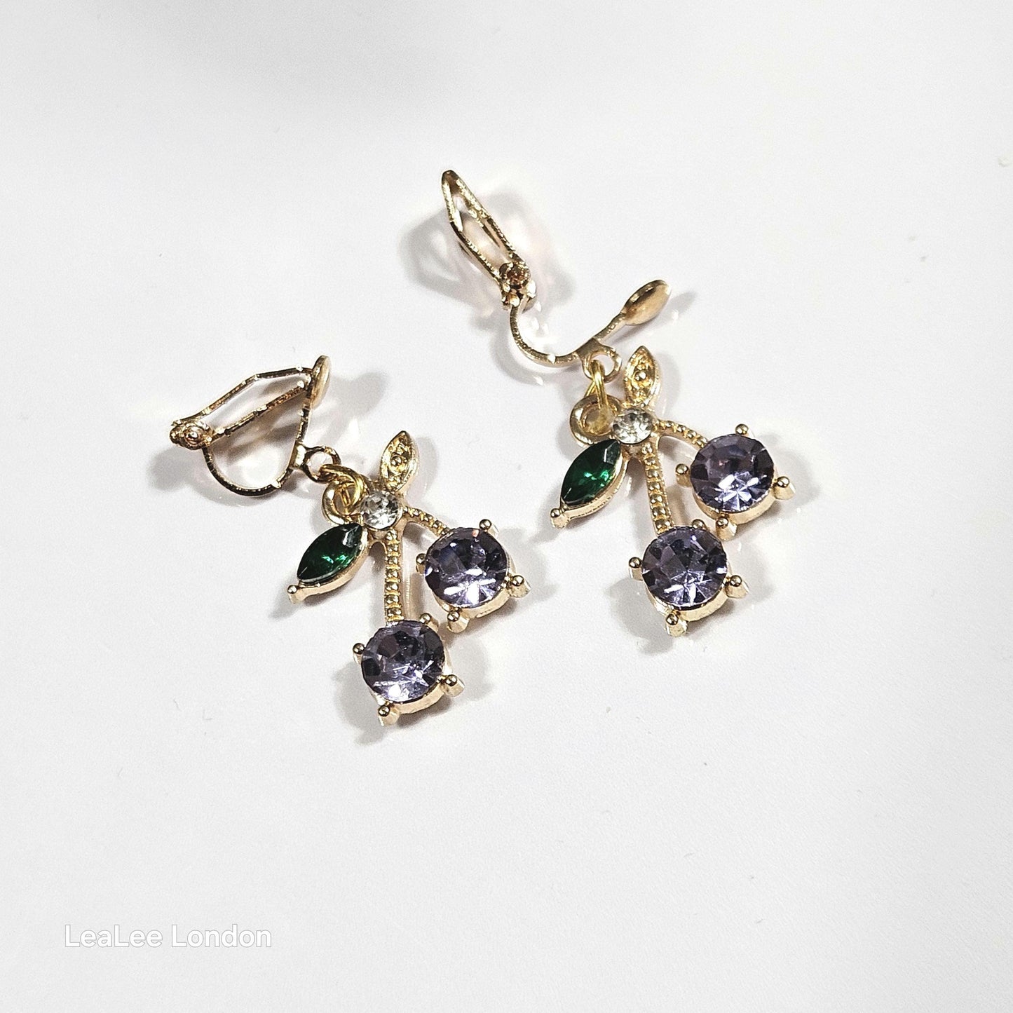 Gold Cherry Clip On Earrings, Sparkly Crystal Fruit Dangles, No Pierce Jewelry for Women, Cute Pink Blue Purple Cherry Drop Earrings