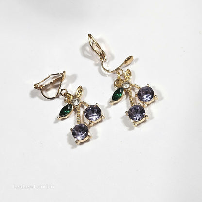 Gold Cherry Clip On Earrings, Sparkly Crystal Fruit Dangles, No Pierce Jewelry for Women, Cute Pink Blue Purple Cherry Drop Earrings
