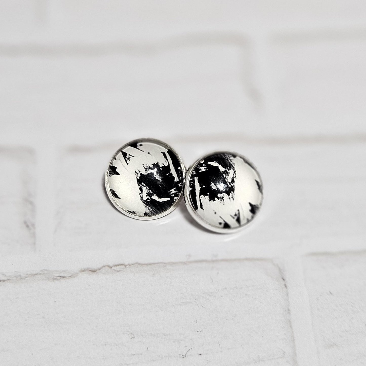 Silver Clip On Earrings: Retro Black & White Non Pierced Studs, Handmade Cabochon Non Piercing Jewellery