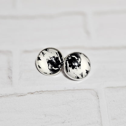 Silver Clip On Earrings: Retro Black & White Non Pierced Studs, Handmade Cabochon Non Piercing Jewellery