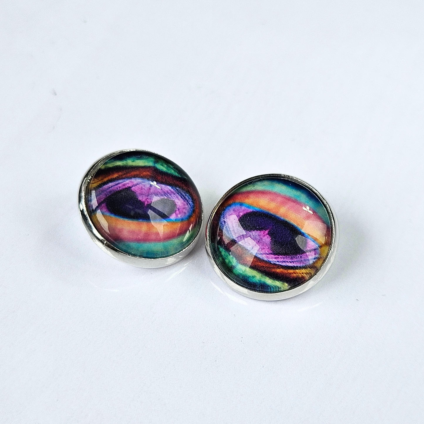 Peacock Feather Clip-On Stud Earrings | Close-Up Detail | Hypoallergenic