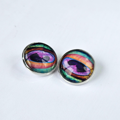 Peacock Feather Clip-On Stud Earrings | Close-Up Detail | Hypoallergenic