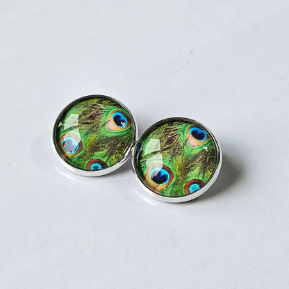 Peacock Feather Clip-On Stud Earrings | Glass Cabochon | Hypoallergenic