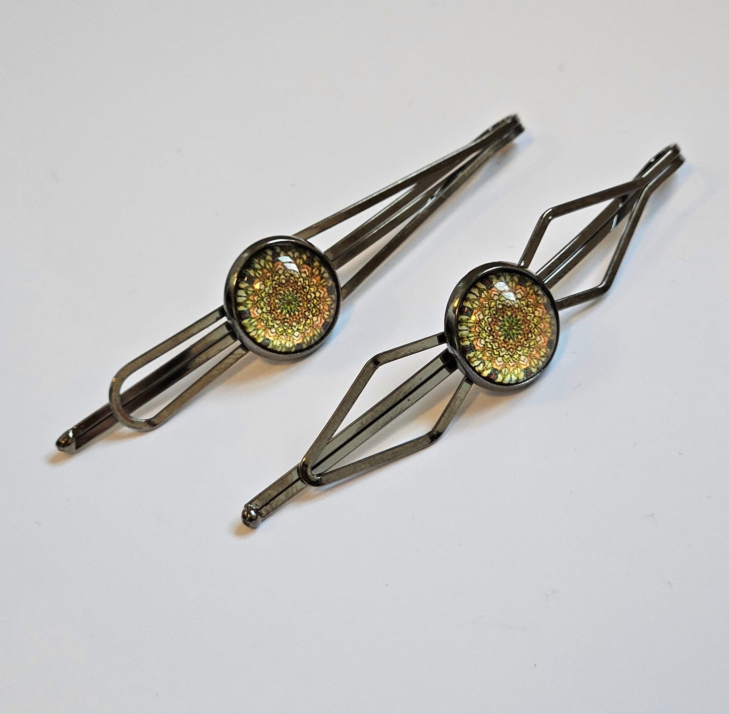 Black Bobby Pins Set of 2, Handmade Boho Mandala Cabochon Hair Clips, Statement Hair Accessories