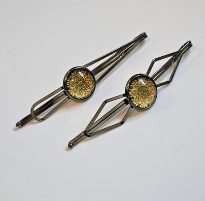 Black Bobby Pins Set of 2, Handmade Boho Mandala Cabochon Hair Clips, Statement Hair Accessories