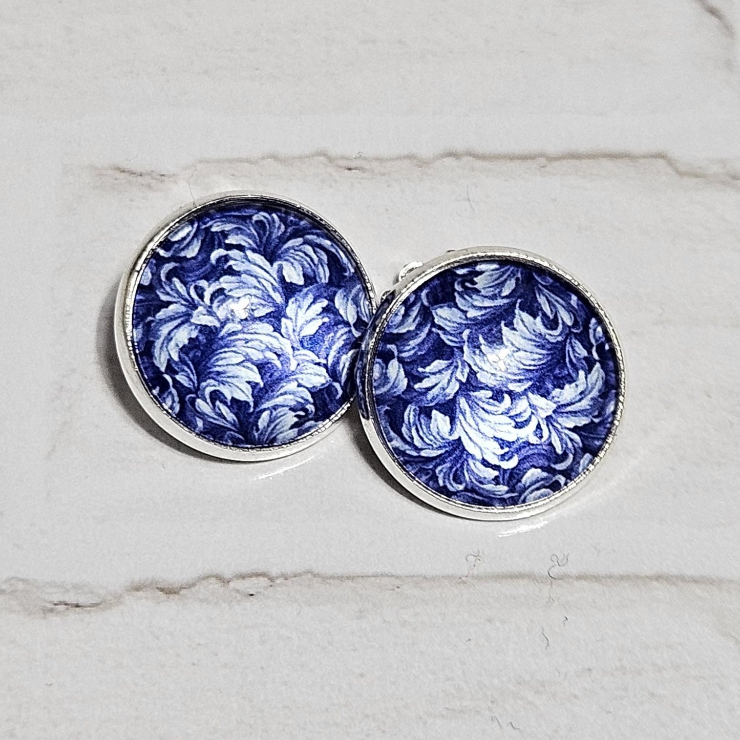 Blue Floral Clip On Earrings, Silver Tone Cabochon, Non Pierced