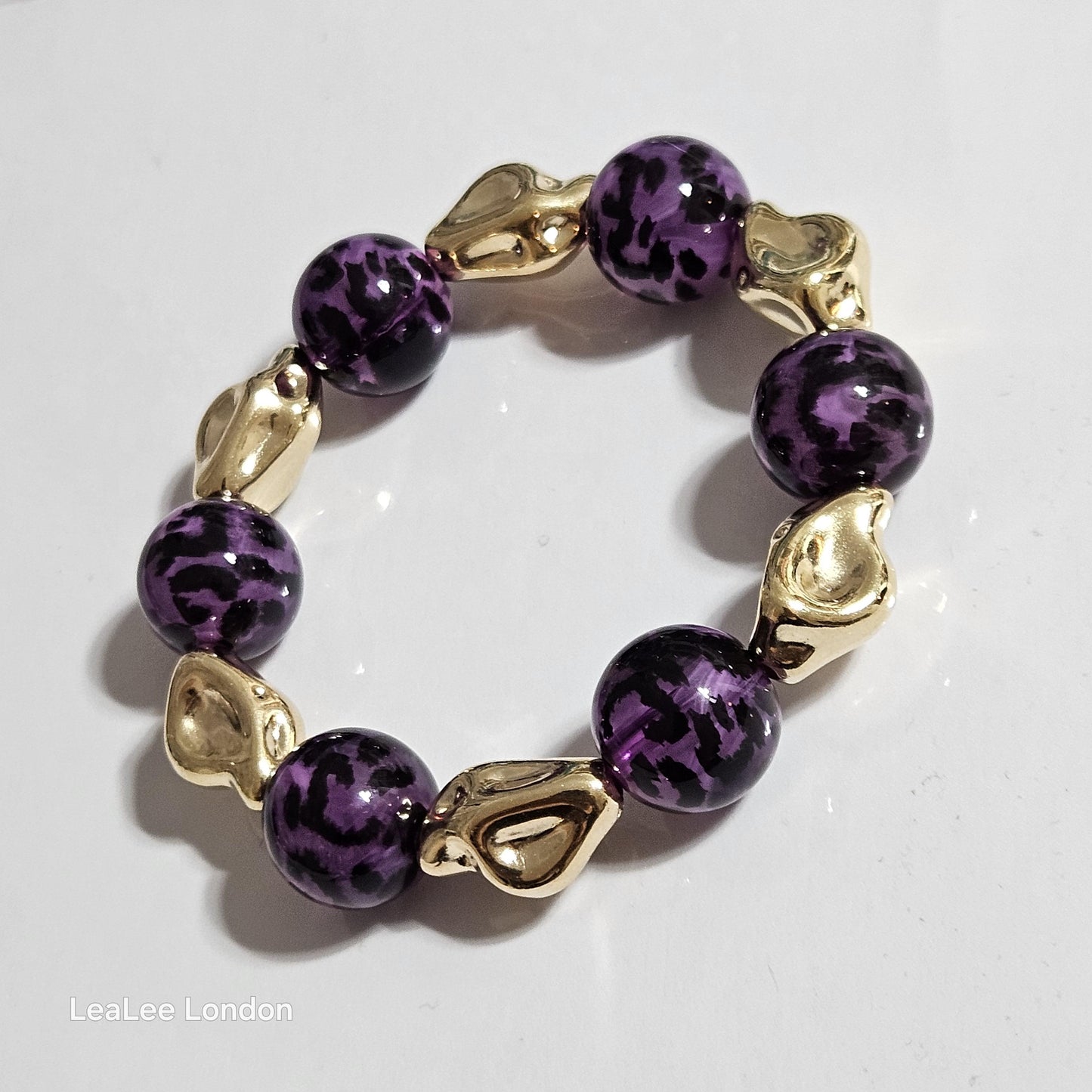 Handmade Cheetah Print Bracelet for Women – Chunky Elastic Beaded Bracelet with Gold Detail, UK Jewellery Gift