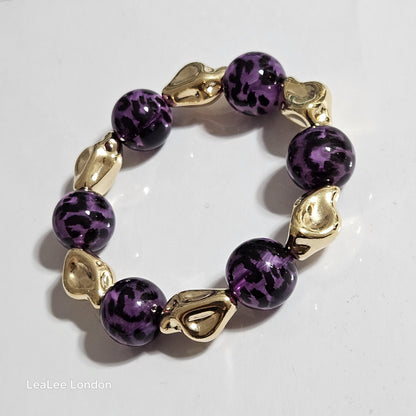 Handmade Cheetah Print Bracelet for Women – Chunky Elastic Beaded Bracelet with Gold Detail, UK Jewellery Gift