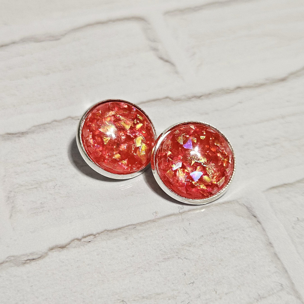 Iridescent Cabochon Clip-On Earrings in Silver Tone