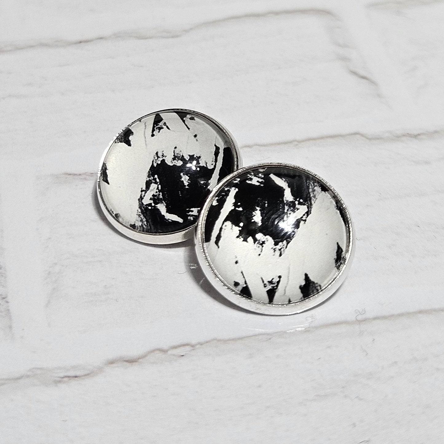 Silver Clip On Earrings: Retro Black & White Non Pierced Studs, Handmade Cabochon Non Piercing Jewellery
