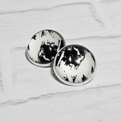 Silver Clip On Earrings: Retro Black & White Non Pierced Studs, Handmade Cabochon Non Piercing Jewellery