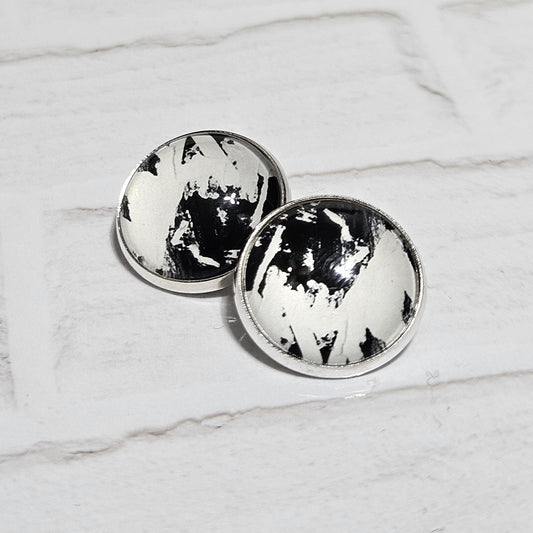 Silver Clip On Earrings: Retro Black & White Non Pierced Studs, Handmade Cabochon Non Piercing Jewellery