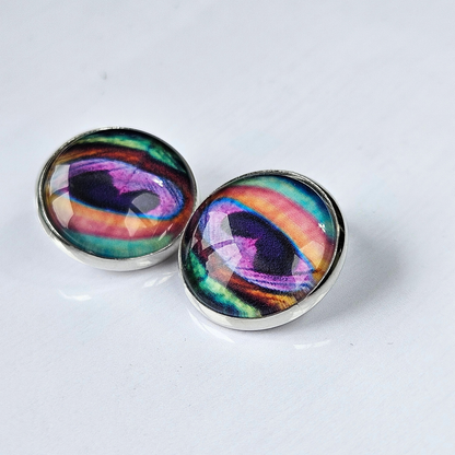Peacock Feather Clip-On Stud Earrings | Close-Up Detail | Hypoallergenic