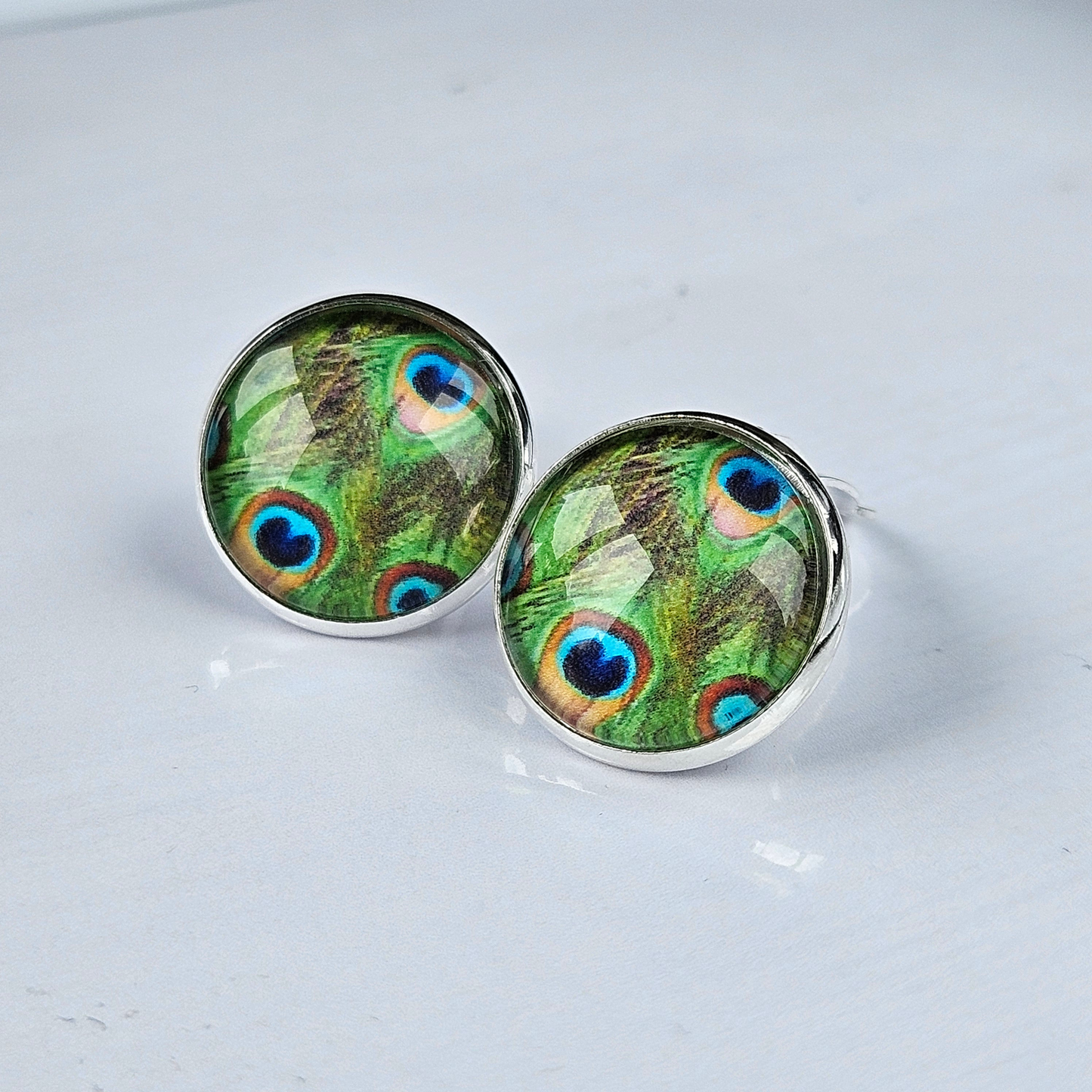 Peacock Feather Clip-On Stud Earrings | Glass Cabochon | Hypoallergenic