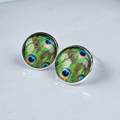 Peacock Feather Clip-On Stud Earrings | Glass Cabochon | Hypoallergenic