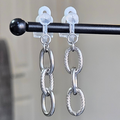 Silver Chain Hoop Clip-On Earrings | Hammered Mix Link Design