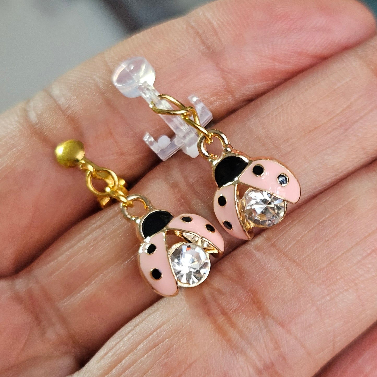 Hypoallergenic pink rhinestone ladybug dangle Clip-On Earrings