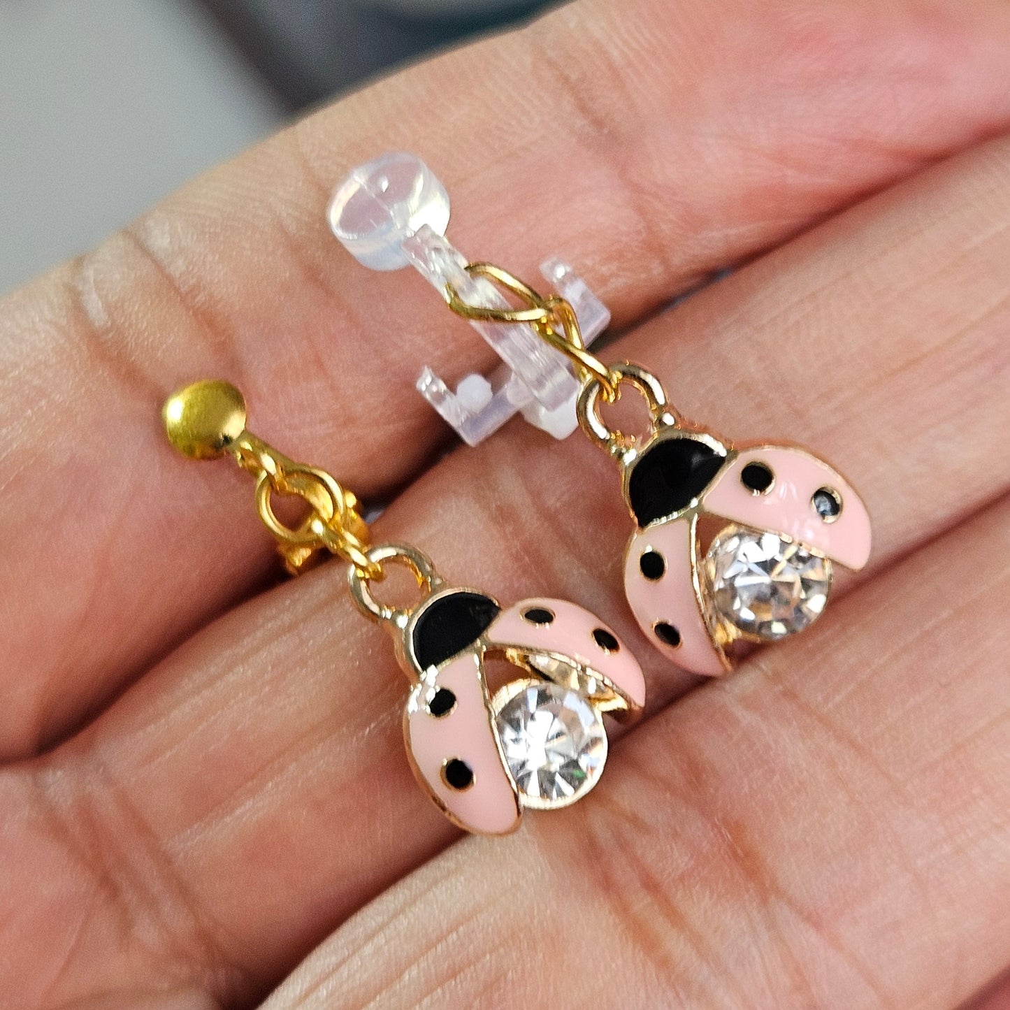 Hypoallergenic pink rhinestone ladybug dangle Clip-On Earrings