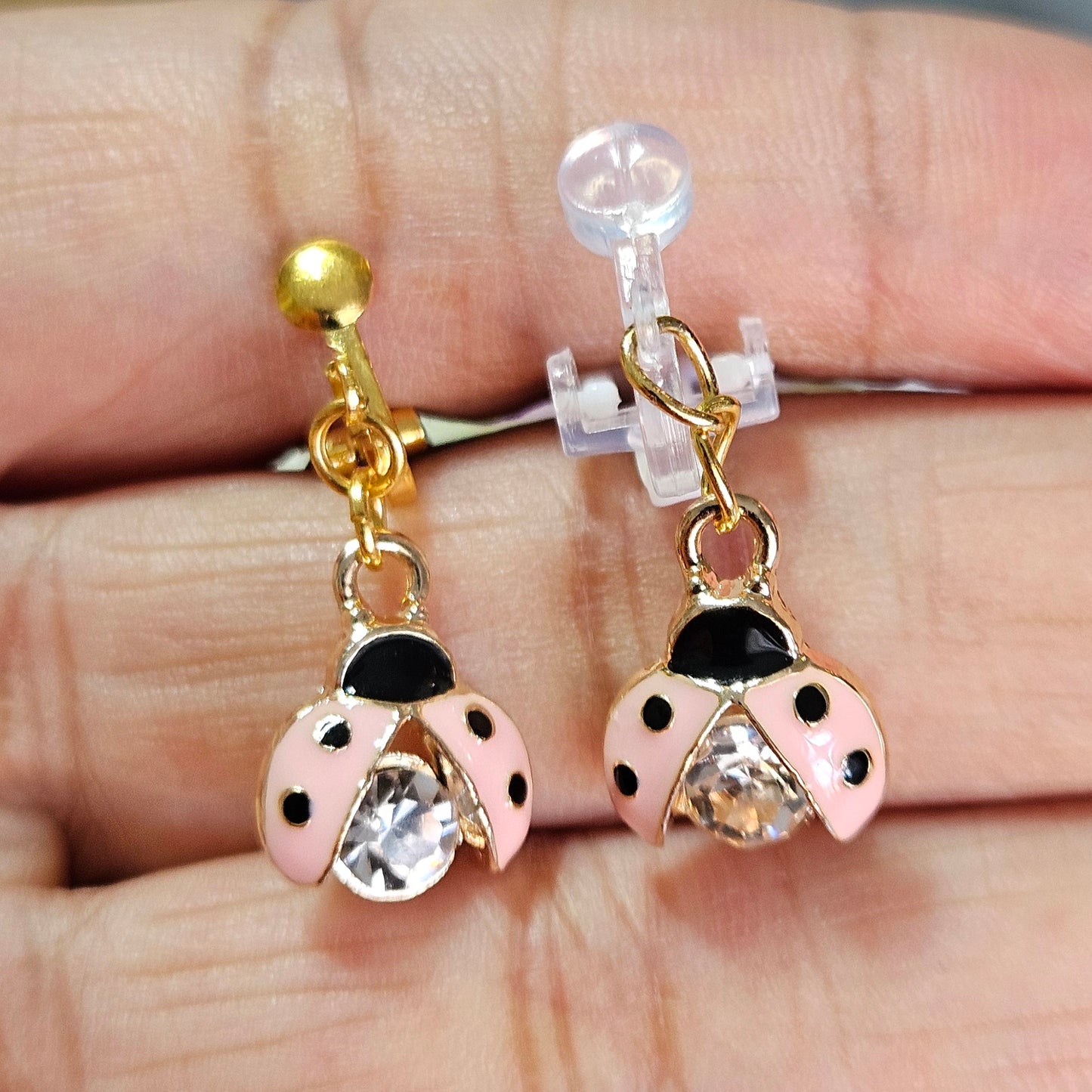 Hypoallergenic pink rhinestone ladybug dangle Clip-On Earrings