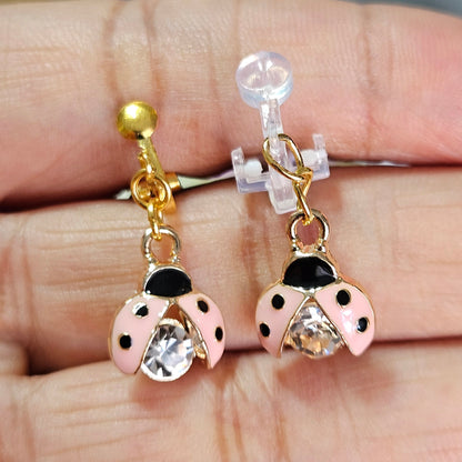 Hypoallergenic pink rhinestone ladybug dangle Clip-On Earrings