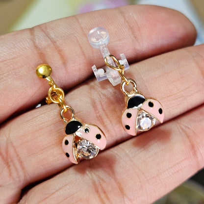 Hypoallergenic pink rhinestone ladybug dangle Clip-On Earrings