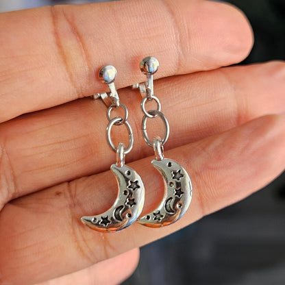 Celestial Moon & Star Dangle Clip-On Earrings | Silver Tone
