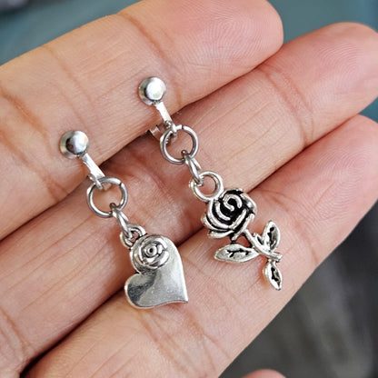 Mismatched Rose & Heart Clip-On Earrings | Silver Dangle