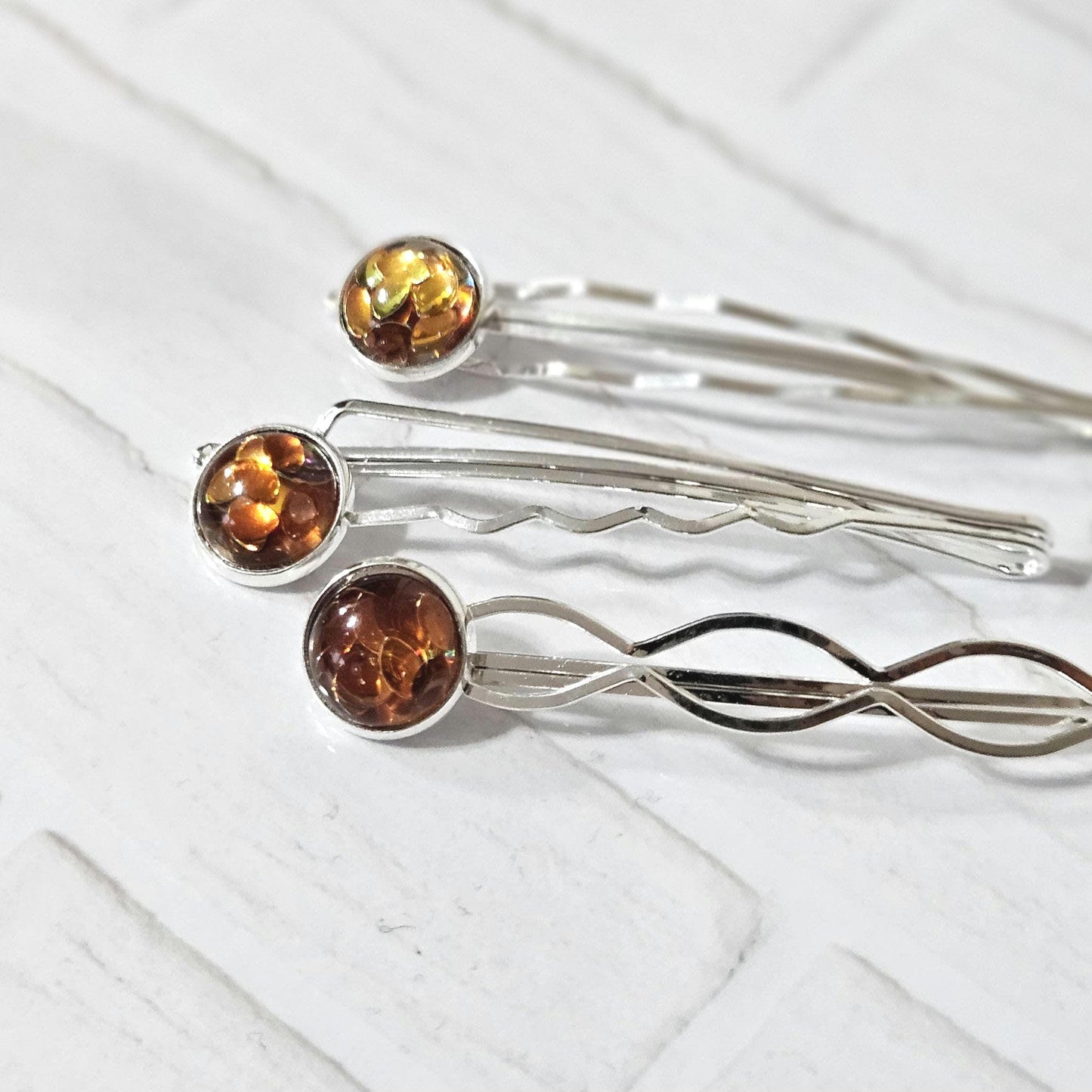 Silver Bobby Pin Set of 3, iridescent Cabochon Hair Pins, Minimal Hair Accessories