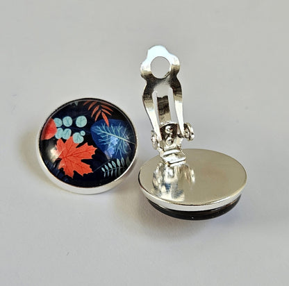 Blue Floral Clip On Earrings: Silver Tone, Non Piercing Stud Clip-ons, Hinged back fastening earrings