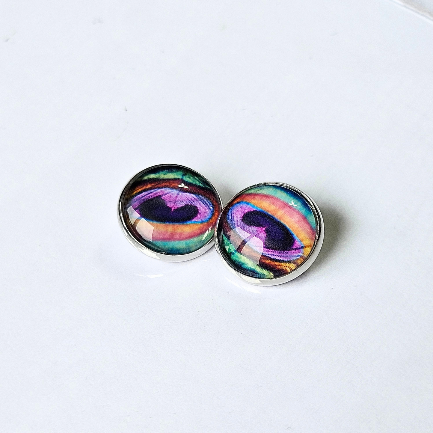 Peacock Feather Clip-On Stud Earrings | Close-Up Detail | Hypoallergenic