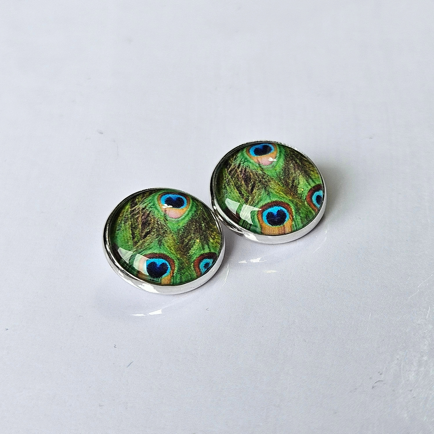 Peacock Feather Clip-On Stud Earrings | Glass Cabochon | Hypoallergenic