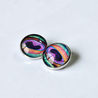 Peacock Feather Clip-On Stud Earrings | Close-Up Detail | Hypoallergenic