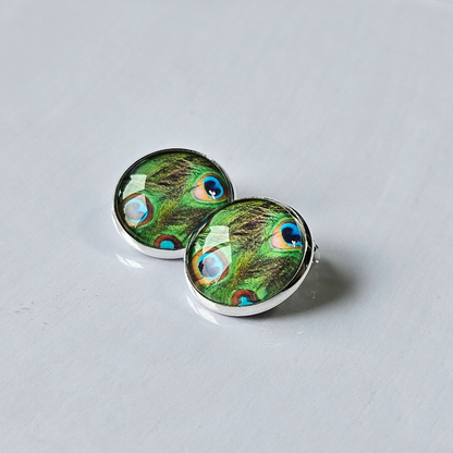 Peacock Feather Clip-On Stud Earrings | Glass Cabochon | Hypoallergenic