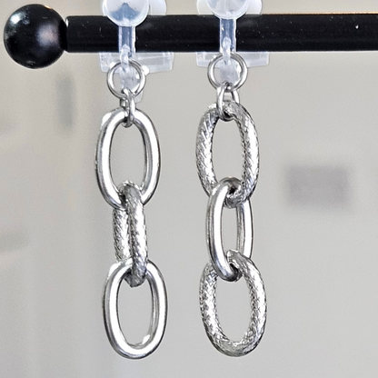 Silver Chain Hoop Clip-On Earrings | Hammered Mix Link Design